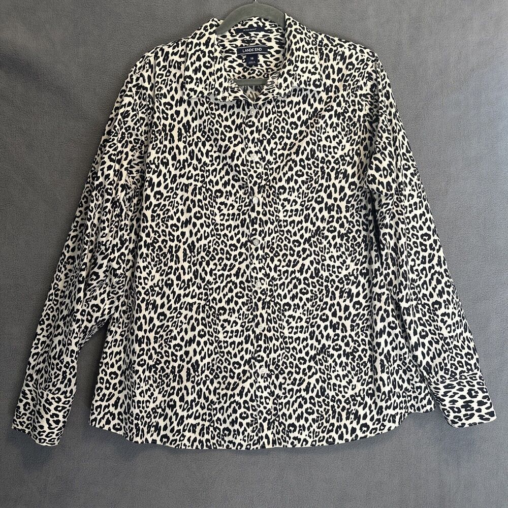 Lands End No Iron Supima Button Up Shirt Leopard Print Womens Size 16 Office